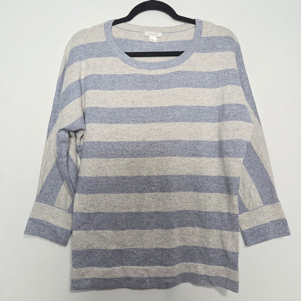 Garnet Hill Top Sweater M Blue Striped Wool Cashmere Blend Metallic Knit Luxury